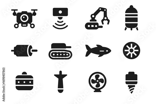 Robot crawler sensor navigation icon icons stabilizer control tether camera robotic underwater