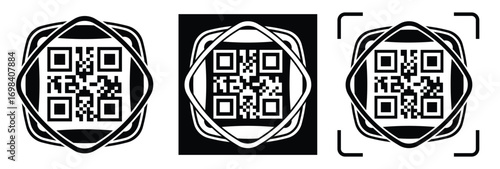 High-contrast black and white QR code with grid squares, centered in frame. Simple thin black border. Clean digital design, technical style, suitable for scanning or template use.