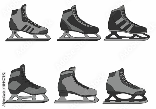 Vector Set of Six Diverse Ice Skates in Grayscale, Featuring Different Styles for Winter Sports and Recreation on Ice.