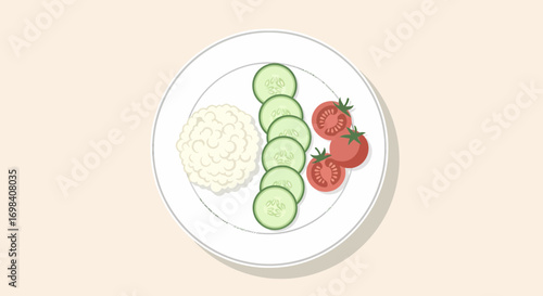 Nutritious Plate With Rice, Cucumber And Sliced Cherry Tomatoes