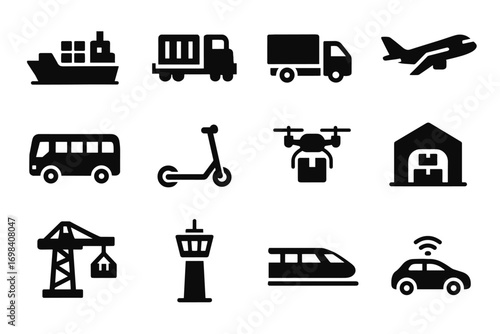 Port hub drone icons vector airplane freight modern transport crane truck courier