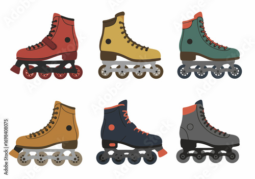 Colorful collection of inline roller skates vector illustration, featuring diverse designs and vibrant hues for sport and recreation on a white background.