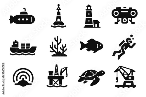 Icon sonar marine vector oil cargo fish set icons dock wave sea