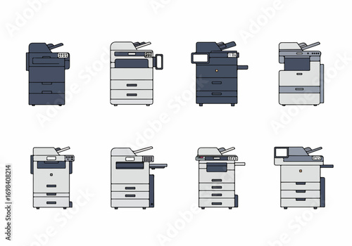 Collection of modern office multifunction printers and photocopier machines vector illustrations, showcasing various models for business and workplace environments.