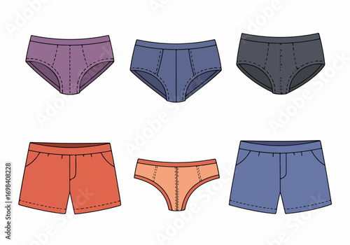 Colorful vector illustration set of men's and women's underwear, briefs, and casual shorts designs on white background.