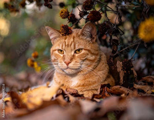 chat roux dans un jardin en automne
