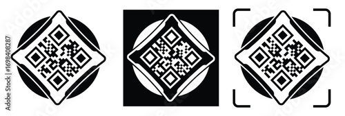 High-contrast black and white QR code with grid squares, centered in frame. Simple thin black border. Clean digital design, technical style, suitable for scanning or template use.