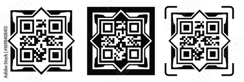 High-contrast black and white QR code with grid squares, centered in frame. Simple thin black border. Clean digital design, technical style, suitable for scanning or template use.