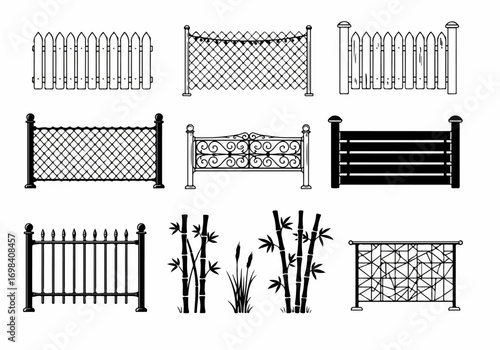 Collection of diverse fence and barrier designs, including picket, chain-link, metal, and natural elements like bamboo, for garden and property demarcation.