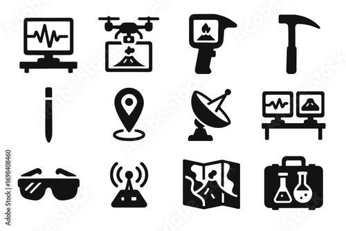 Geological station gps icon drone vector tools hammer tube dish research volcanic