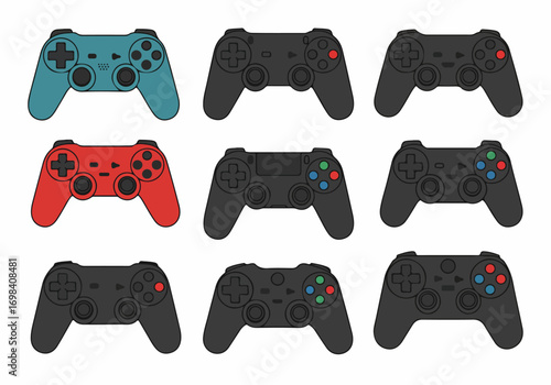 Collection of Modern Flat Design Game Controllers in Various Colors: Teal, Red, and Black Joysticks for Gaming and Entertainment.