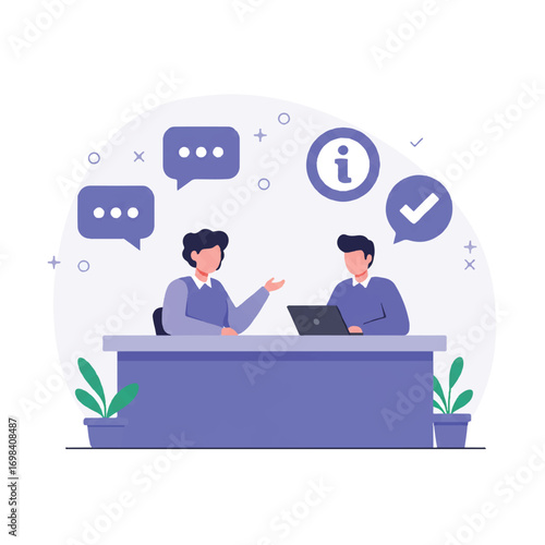 Friendly customer service representative talks with a new client at an information desk, featuring a speech bubble and checkmark, in a vibrant 2D flat vector illustration.