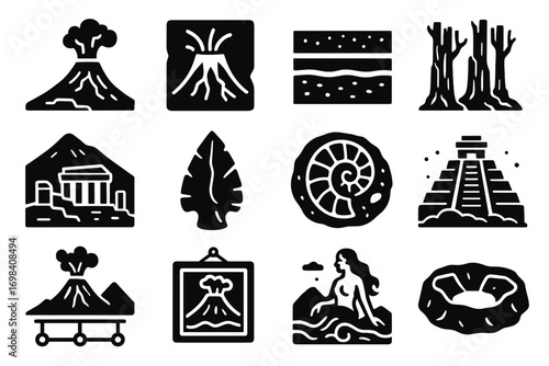 Forest volcanic icon vector painting eruption lava crater ruins history caldera icons