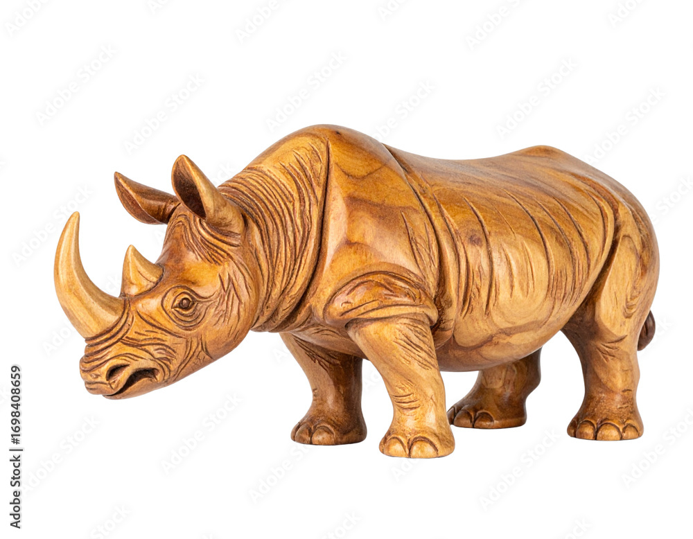 Fototapeta premium Rustic Hand-Carved Wooden Rhino Figurine with Textured Surface, Standing Pose, Side View, Isolated on Transparent Background