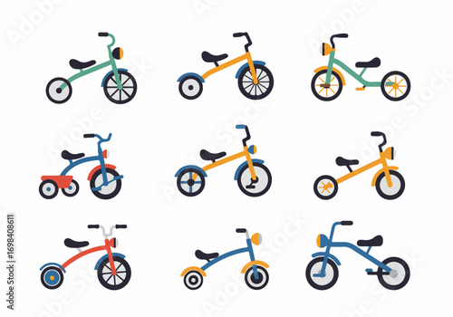 Collection of colorful flat design children's tricycles and bicycles illustrations on white background, perfect for kids' products, play, and learning concepts.