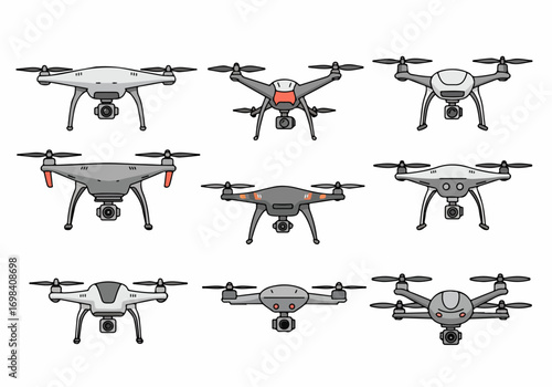 Cartoon Drones Collection: Modern Quadcopters with Cameras for Aerial Photography, Videography, and Future Technology Illustrations