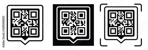 High-contrast black and white QR code with grid squares, centered in frame. Simple thin black border. Clean digital design, technical style, suitable for scanning or template use.