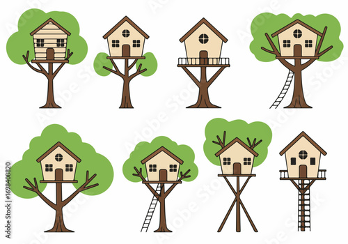 Various cartoon treehouses with different designs and access, illustrating playful outdoor living and children's adventure concept.