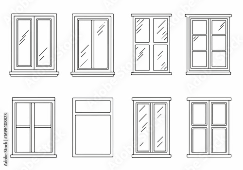 Collection of eight diverse window frame designs, vector outline illustrations on a white background, showcasing various architectural styles and glazing options.