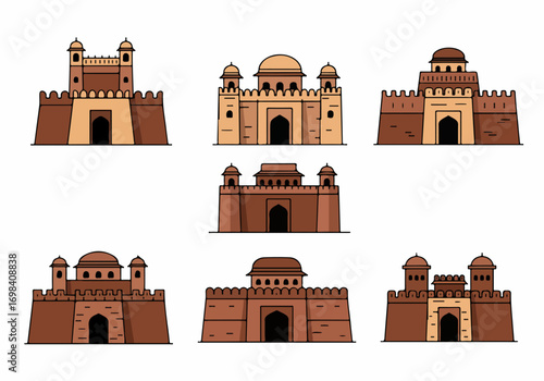 Collection of historical fort and palace gate illustrations, depicting ancient Asian and Indian architectural styles with domes and arched entrances.