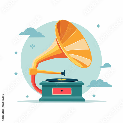Vintage Gold Gramophone On Green Stand With Clouds