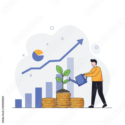 2D flat vector illustration: A happy person waters a sapling from a coin stack, symbolizing financial investment growth and prosperity, with a rising bar chart.