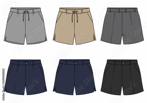 Variety of flat fashion technical sketches for casual drawstring and tailored short pants designs in multiple colors for apparel.