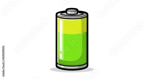 A cartoon illustration of a green cylindrical battery with a partial charge, isolated on a white background.