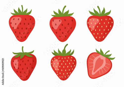 A collection of fresh, vibrant, and ripe cartoon strawberries with one cut in half, ideal for food, fruit, and healthy eating themes.
