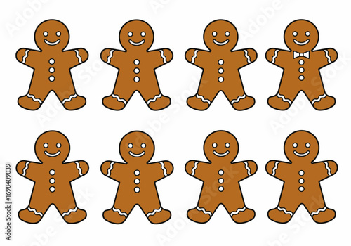 Eight Smiling Gingerbread Men Illustrations on White Background, Perfect for Christmas, Holiday, and Winter Season Designs