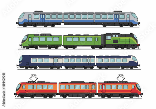 Diverse passenger train collection in vector style. Four distinct modern railway vehicles showcasing various designs for travel and public transportation on a white background.