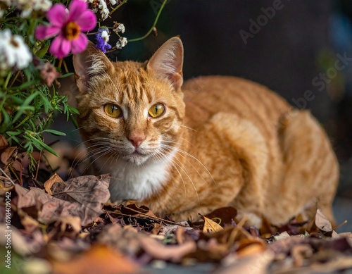 chat roux dans un jardin en automne