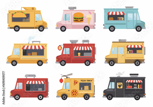 Colorful flat design food trucks collection. Diverse mobile eateries offering street food: tacos, burgers, ice cream, pizza, pancakes. Perfect for catering and events.