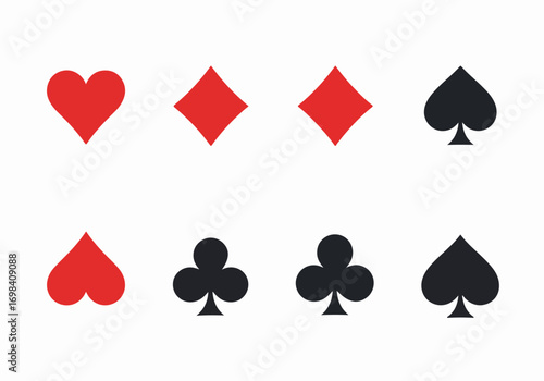 Classic Playing Card Suits Collection: Red Hearts, Diamonds, and Black Clubs, Spades Icons for Casino, Game, and Luck Themes