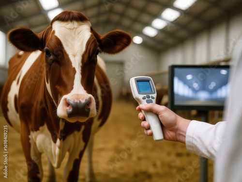 A veterinarian uses a digital thermometer to check a cow's temperature on a farm.