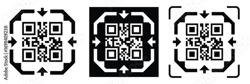 High-contrast black and white QR code with grid squares, centered in frame. Simple thin black border. Clean digital design, technical style, suitable for scanning or template use.