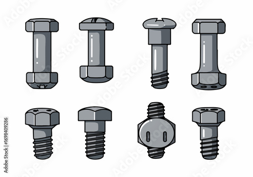 Illustrated collection of various gray metal bolts and screws with different head types for industrial and construction design.
