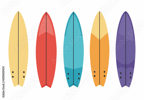 Collection of five colorful cartoon surfboards in flat design style, perfect for summer, beach, and ocean-related themes.