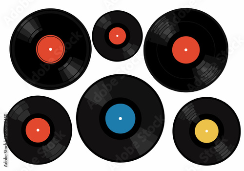 Six retro vinyl records with colorful labels on a white background, a vibrant illustration of classic music, sound, and vintage entertainment culture.