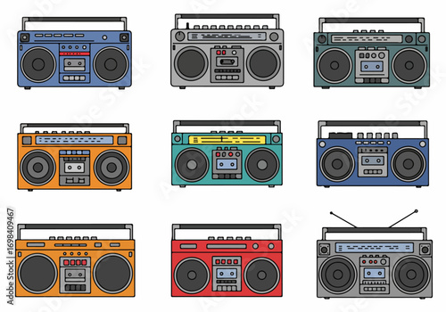 Collection of colorful retro boomboxes with cassette players in a flat design style, showcasing vintage portable audio electronics on a white background.
