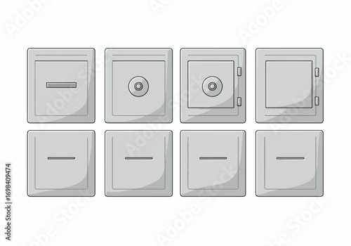 Collection of gray vector illustrations depicting various security and storage boxes, including safes with dial locks, mailboxes, and ballot boxes, on a white background.