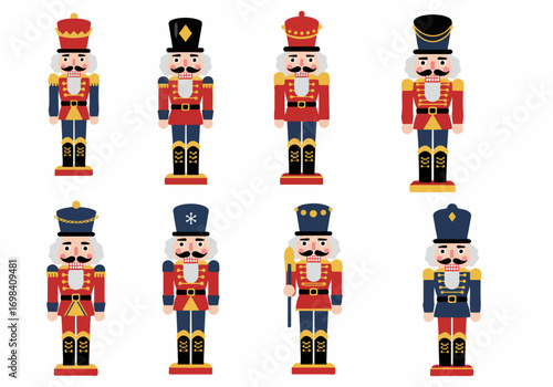 Eight classic Christmas nutcracker soldier toy figures in various colorful uniforms and hats, vector illustration collection.