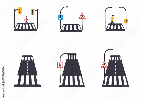 Flat vector icons illustrating pedestrian crossings, road safety, traffic lights, and various road signs for urban navigation and street rules education.