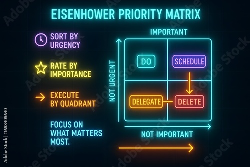 Neon Eisenhower Matrix with Priority Tasks for Modern Productivity Planning
