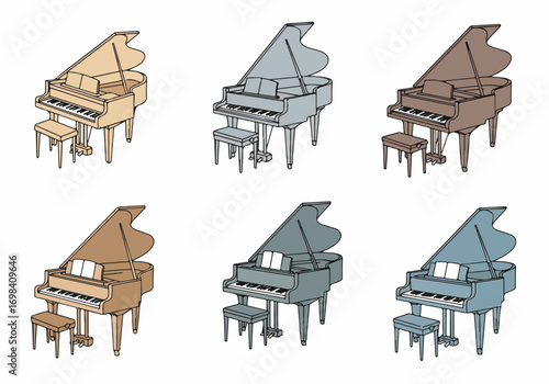 Vibrant Set of Grand Pianos with Benches and Music Stands in Various Hues, Illustrated for Musical Themes and Elegant Designs