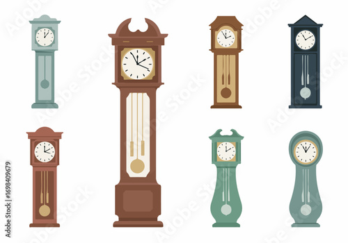 Set of Grandfather Clocks: Flat Design Vector Illustration of Various Antique Longcase Timepieces in Different Colors and Styles on White Background.