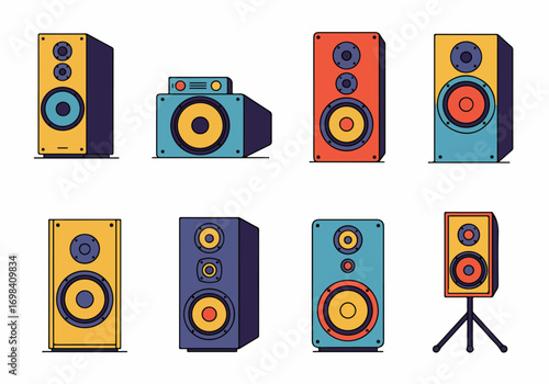 Vibrant Vector Graphics: A Collection of Colorful Flat Design Audio Speakers and Loudspeakers for Music and Sound Entertainment.