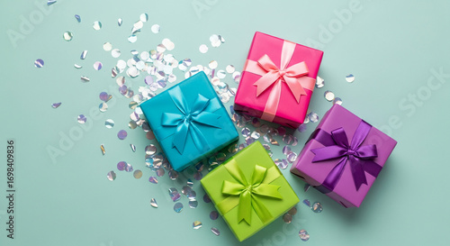 Four colorful gift boxes with ribbons on a pastel green background, scattered with iridescent confetti.  Represents celebration, festivity, and gifting