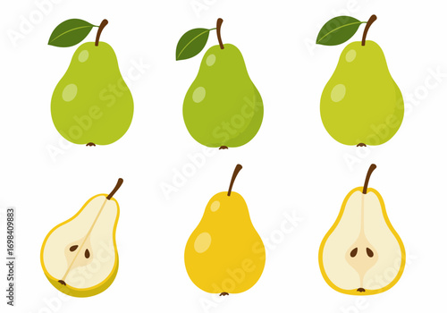 Collection of vibrant green and yellow stylized pears, whole and sliced, showcasing fresh fruit for healthy eating and natural designs on a white background.