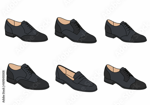 A versatile collection of men's classic formal dress shoes, showcasing various stylish designs like oxfords, brogues, and loafers for business and elegant attire.